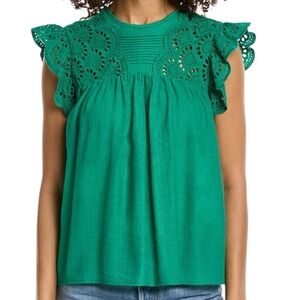 NWOT RAIN Eyelet Cap Sleeve Blouse Size Medium in Kelly Green